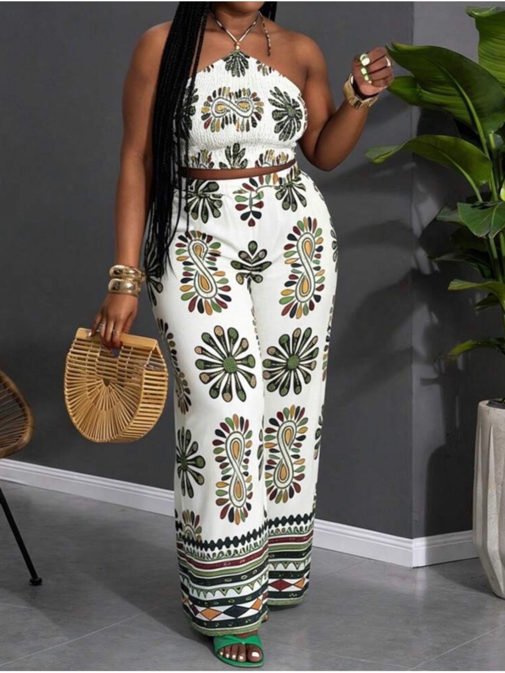 SHEIN White Floral Print Halter Crop Top & Wide Leg Pants Set